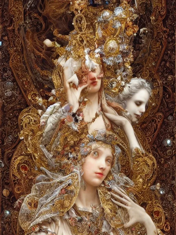 Image similar to a beautiful render of baroque catholic veiled the red queen and the white queen sculpture with symmetry intricate detailed,gemstone-embellished,by Lawrence Alma-Tadema, peter gric,aaron horkey,Billelis,trending on pinterest,hyperreal,jewelry,gold,intricate,maximalist,glittering,golden ratio,cinematic lighting