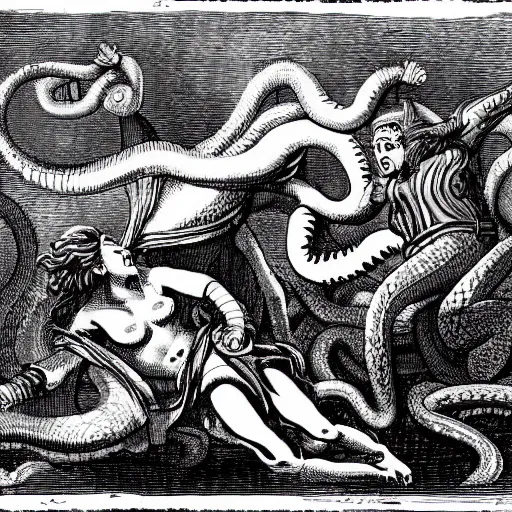 Image similar to Medusa The Queen Of Snake Castle fighting A young warrior who wants to take her down.