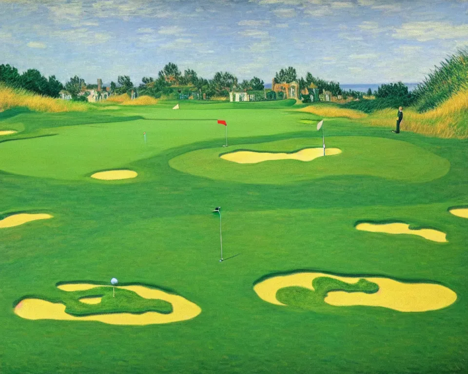 Image similar to achingly beautiful painting of bandon dunes putting green by rene magritte, monet, and turner.
