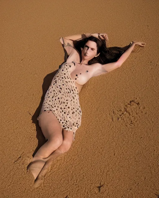 Prompt: olivia laying in the desert sand, wearing a sun dress, harsh shadows, bright lighting, black hair, freckles, pale skin, photo by greg rutkowski, female beauty, intricate detail, elegance, sharp shapes, masterpiece