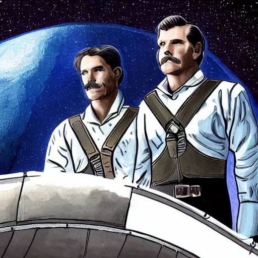 Image similar to hand drawn image of wyatt earp and doc holliday standing on the deck of a spacecraft, inspired by the movie interstellar, high detail