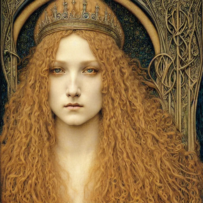 Image similar to detailed realistic beautiful young medieval queen face portrait by jean delville, gustave dore and marco mazzoni, art nouveau, symbolist, visionary, gothic, pre - raphaelite. horizontal symmetry