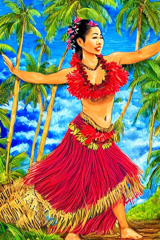 Image similar to authentic artwork of hawaiian hula dancer, high detail, beautiful background