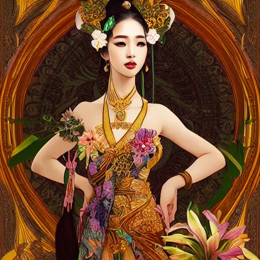 Prompt: beautiful bali princess by kittichai rueangchaichan, floralpunk, Artstation, art nouveau aesthetic, Alphonse Mucha background, intricate details, photo realistic, dramatic