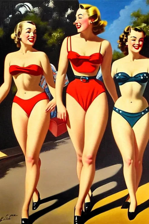 Image similar to 1940s group of pinup bikini girls walking down the street in 1940s Adelaide in Australia, oil painting, by Gil Elvgren