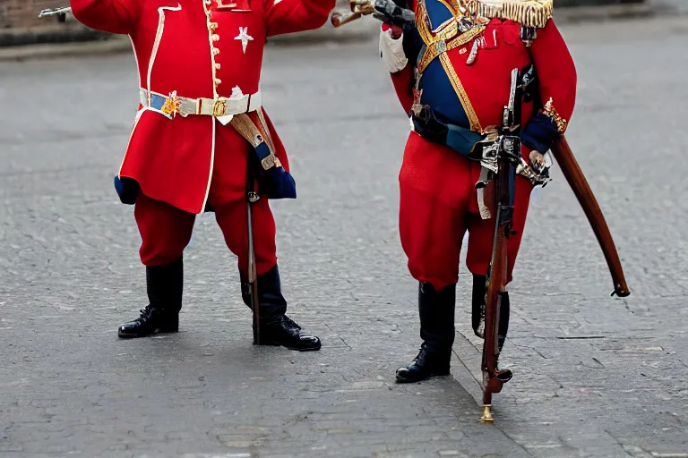 Prompt: closeup portrait of boris johnson dressed as a queen's guard firing a musket in a london street, natural light, sharp, detailed face, magazine, press, photo, steve mccurry, david lazar, canon, nikon, focus