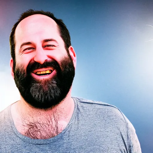 Prompt: Tom Segura laughing in front of a carcrash, hidden camera photo, photorealistic, 8k