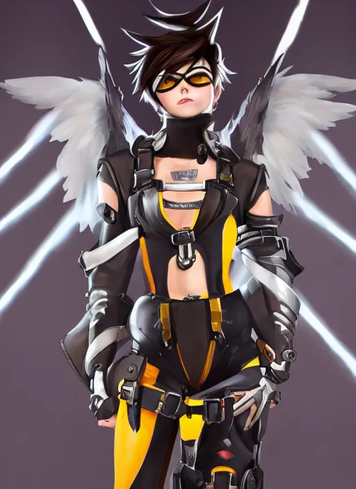 Image similar to full body of tracer overwatch, angel wings, dramatic painting, symmetrical composition, wearing detailed leather collar, black shiny armor, chains, black harness, detailed face and eyes,