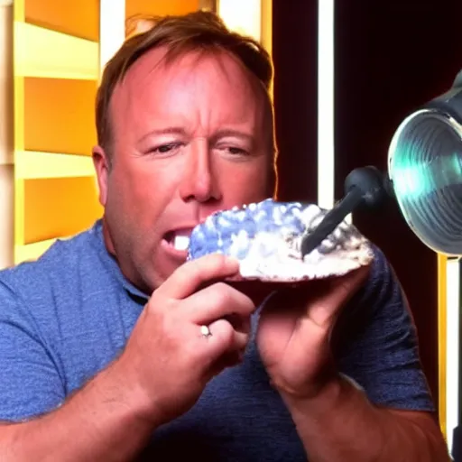 Prompt: alex jones eating a huge twinkle, high definition, color film,