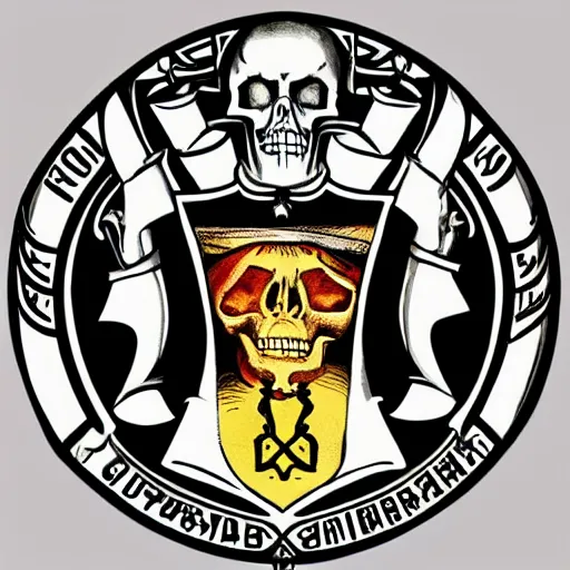 Image similar to an old coat of arms in a 1930s retro futurism style, with bones annd skulls