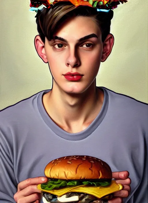 Image similar to oil painting, teenage jughead jones, wears a light grey crown, and devours a hamburger, intricate, elegant, highly detailed, pinocchio nose, lighting, painting, artstation, smooth, illustration, art by greg rutowski and alphonse mucha