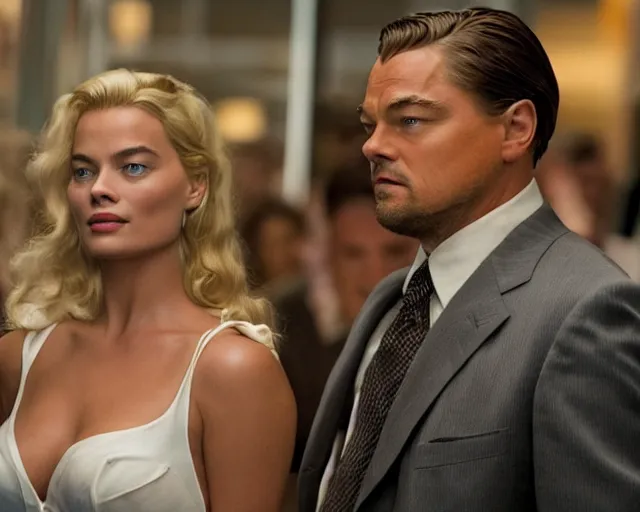 Prompt: leonardo dicaprio as the wolf of wall street next to margot robbie as naomi from the wolf of wall street, hyper realistic faces, detailed and hyper realistic eyes, cinematic, long shot, hyper detailed, 8 5 mm photograph, 8 k resolution, film still, sharp lens, wide lens