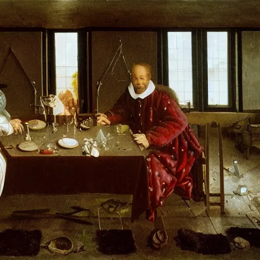 Prompt: a couple eating colorful crystal geodes at a dining table, in a desolate abandoned house, by Jan van Eyck