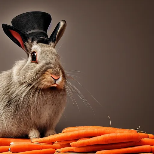 Prompt: hasidic rabbit sitting on pile of carrots intricate detail, finely detailed, small details, extra detail, photorealistic, high resolution, vray, hdr, hyper detailed, insane details, intricate, elite, ornate, elegant, luxury, dramatic lighting, octane render, weta digital, micro details, 3 d sculpture