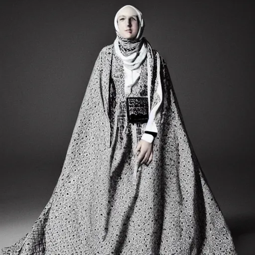 Image similar to a traditional arabic clothing in a modern way, hedi slimane, balenciaga, fashion design, photography
