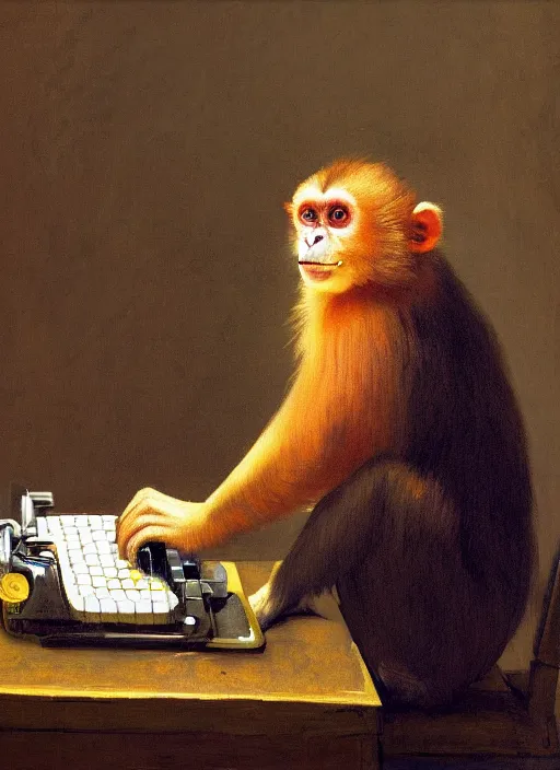 Image similar to medium shot, cinematic, cute orange monkey is typing on the typewriter, enhancements, soft lighting, by john ward, by arthur walker, by vermeer, by monet, oil on canvas, royal academy, masterpiece, trending on artstation, cinematic composition, dramatic pose, beautiful lighting, sharp, details, hyper - detailed, hd