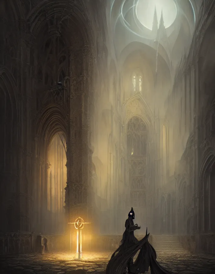 Image similar to A beautiful digital painting of a Grim Reapper, ancient catedral behind her, intricate, cinematic lighting, highly detailed, digital painting, Artstation, concept art, smooth, sharp focus, illustration, art by Tom Bagshaw, Artgerm and Greg Rutkowski