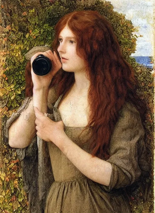 Image similar to Pre-Raphaelite young beautiful woman with blond hair holding a camera