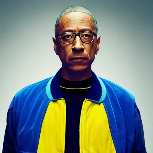 Image similar to gus fring in a blue varsity jacket with yellow sleeves, still from breaking bad