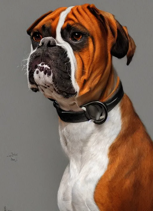 Prompt: formal portrait of boxer dog, digital art by eugene de blaas, ross tran, and nasreddine dinet, vibrant color scheme, intricately detailed, in the style of romanticism, cinematic, artstation, greg rutkowski