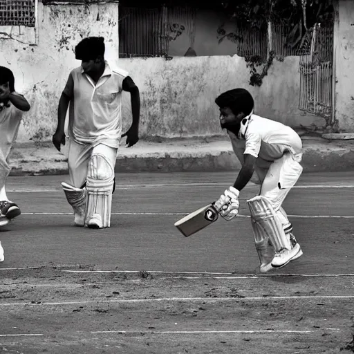 Prompt: four tamil friends playing a game of cricket, on an indian street, award winning image, national geographic, dslr image, black and white