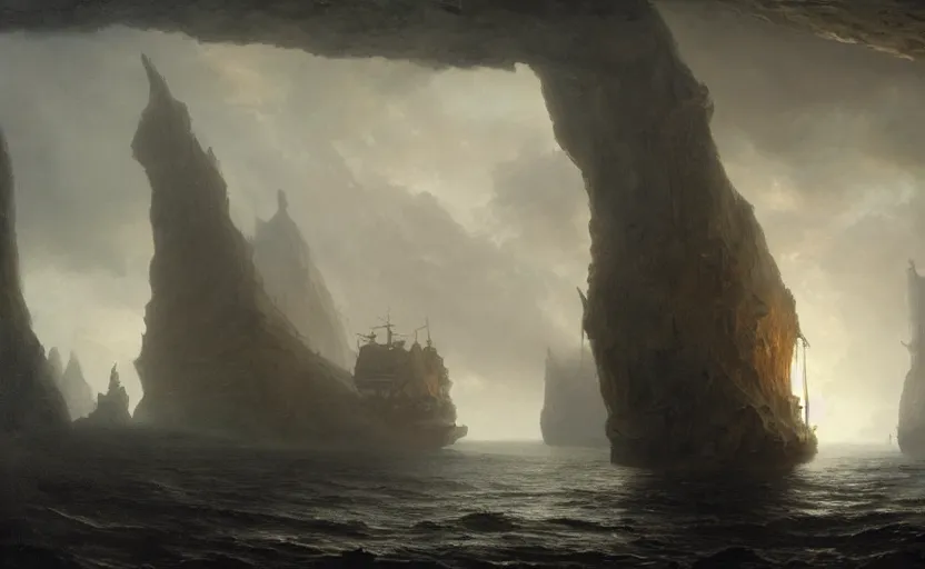 Image similar to A singular big galleon ship, three masts, front and center, in a cave. Underexposed, dark, centered. Atmospheric matte painting by Darek Zabrocki and Christophe Vacher
