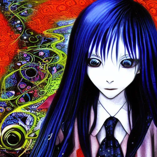 Prompt: yoshitaka amano realistic illustration of a sinister anime girl with big eyes and long wavy blue hair wearing dress suit with tie and surrounded by abstract junji ito style patterns in the background, blurred and dreamy illustration, noisy film grain effect, highly detailed, oil painting with expressive brush strokes, weird portrait angle