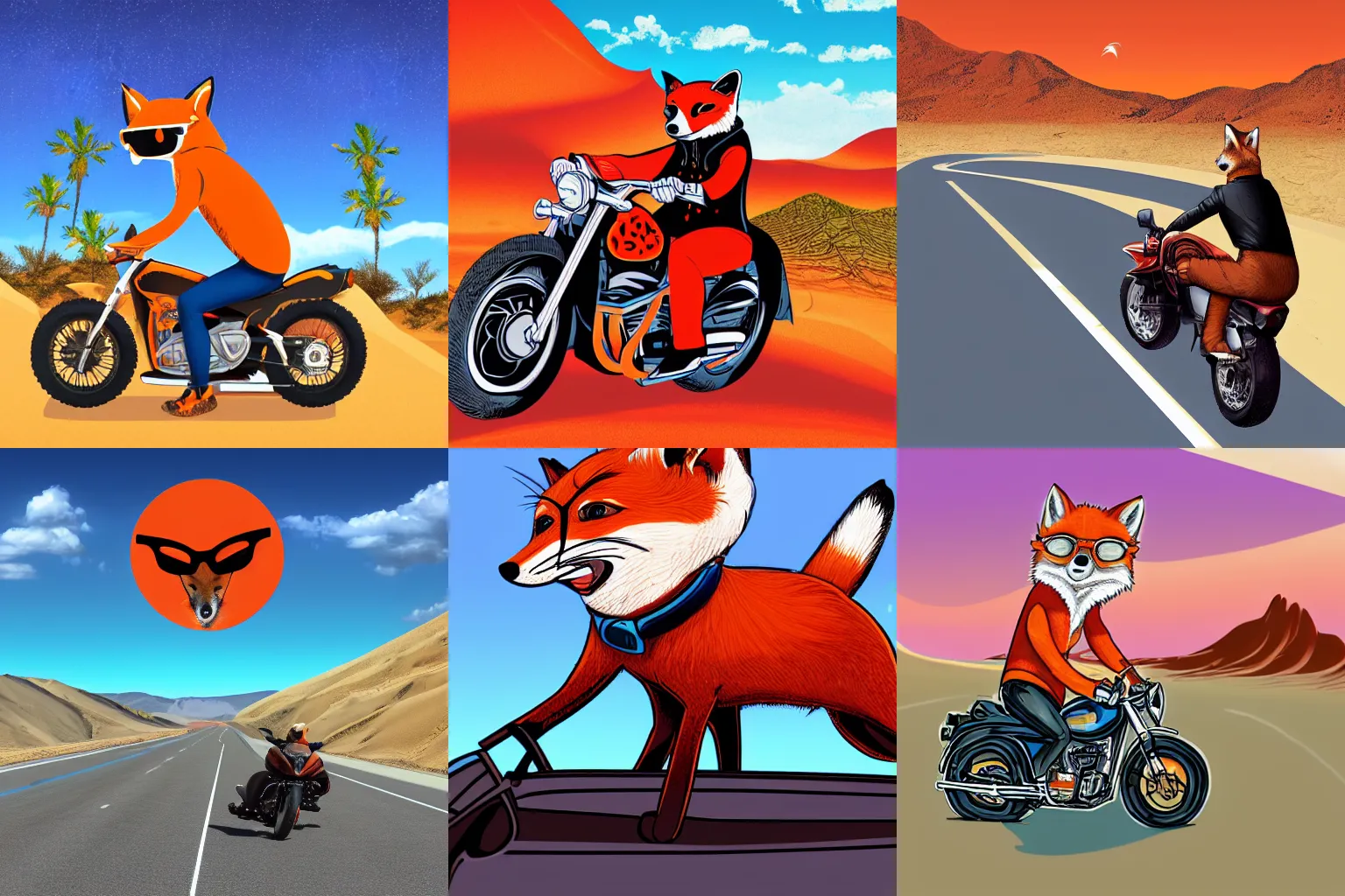 Prompt: A red fox in sunglasses wearing an aloha shirt blowing in the wind while driving a motorcycle through the desert. Realistic illustration, digital art. Detailed.