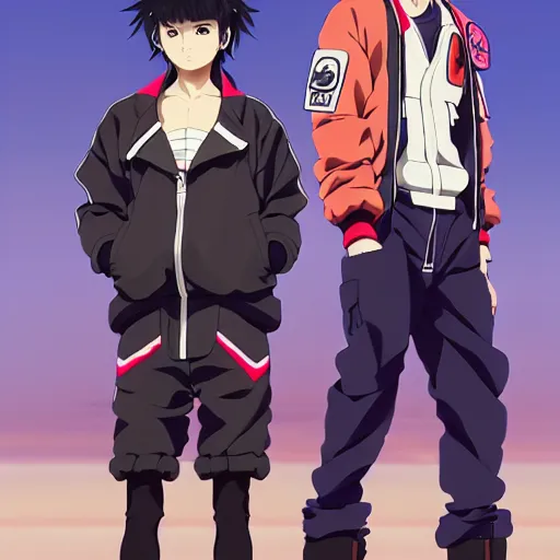 Image similar to a beautiful androgoynous anime boy gravure model, wearing oversized mayan bomber jacket and leotard with overalls, bulky poofy bomber jacket with mayan patterns, aztec street fashion, gapmoe yandere grimdark, trending on pixiv fanbox, painted by greg rutkowski makoto shinkai takashi takeuchi studio ghibli, akihiko yoshida