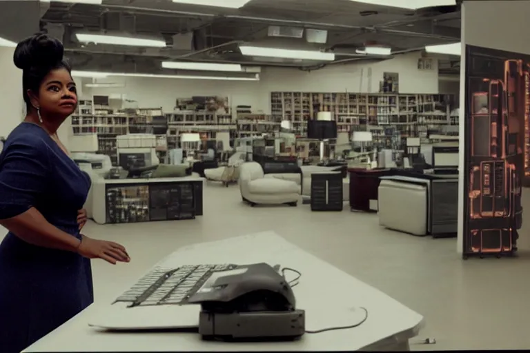 Image similar to cinematic screenshot of octavia spencer in a used electronics store standing in front of an old keyboard, iconic scene from the paranoid sci fi thriller film directed by pt anderson, apartment set in the near future, cinematic shot with anamorphic lenses, color theory, apartment design, leading lines, photorealistic, volumetric lighting, 2 0 2 2 4 k film