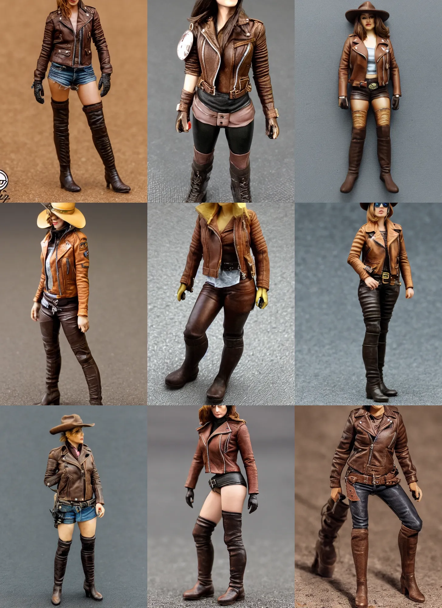 Prompt: 80mm resin detailed miniature of a biker womanl, Short brown leather jacket, ten-gallon hat, over-knee boots, navel, thigh skin, on textured base; Miniature product Photos, 4K, Full body;