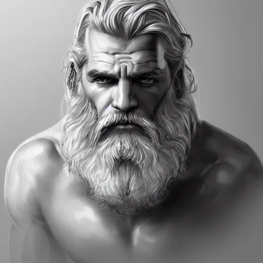 Prompt: painted portrait of rugged zeus, greek god, 4 0 years old, handsome, white hair, soft hair, upper body, muscular, hairy torso, fantasy, intricate, elegant, highly detailed, digital painting, artstation, concept art, smooth, sharp focus, illustration, art by artgerm