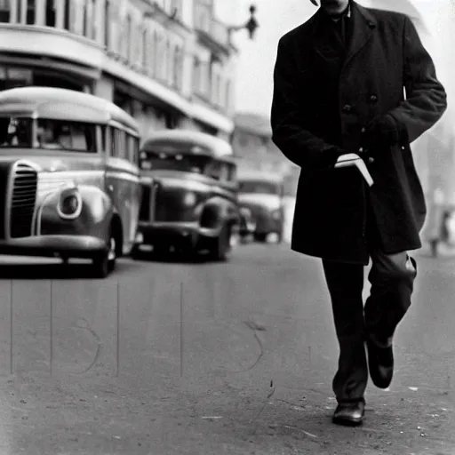 Image similar to man texting on his mobile phone while walking on the street, old 1940s photo, black and white, 60mm