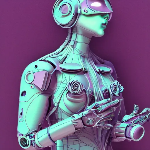 Prompt: minimalist elaborate photorealistic cyborg holding a huge interesting flower. in the style of Michelangelo, and Paul Gauguin, with cyberpunk liberty and flemish baroque mixed media details. vibrant vivid 3d textures in natural pastel tones. HD 8x