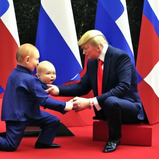 Image similar to Putin giving baby trump a tickle, baby trump in suit with full trump haircut