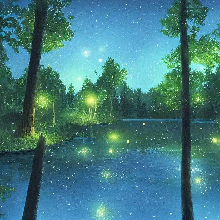 Image similar to lake trees night fireflies glowing above water digital painting concept art