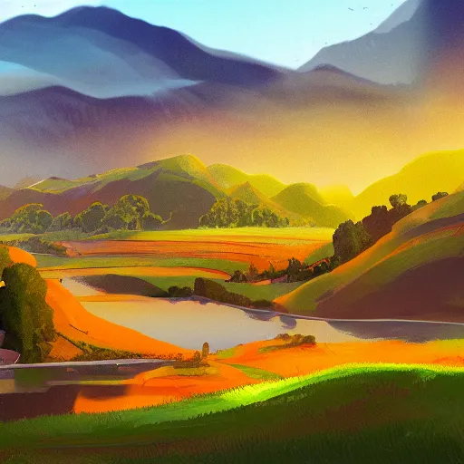 Prompt: A vast green landscape with a river running through it, a small village in the distance and a few mountains in the background. The sun is setting and the sky is ablaze with oranges, reds and yellows. A beautiful, serene and peaceful scene, digital painting, 4k, concept art, artstation, matte painting, by Yuji Kaneko