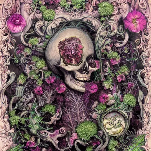 Image similar to a beautiful detailed rococo 8 0's photo of a rotten woman corpse becoming almost a skull with face muscles, veins, arteries, fractal plants and fractal flowers and mushrooms growing around, intricate, ornate, volumetric light, beautiful lit, beetlejuice