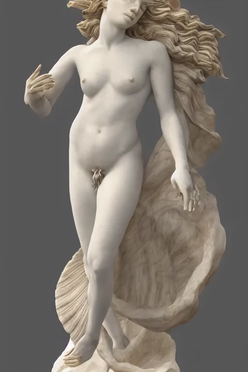 Image similar to Marble Sculpture of Aphrodite, photorealistic, volumetric lighting, inspired by The Birth of Venus by Sandro Botticelli, trending on artstation.