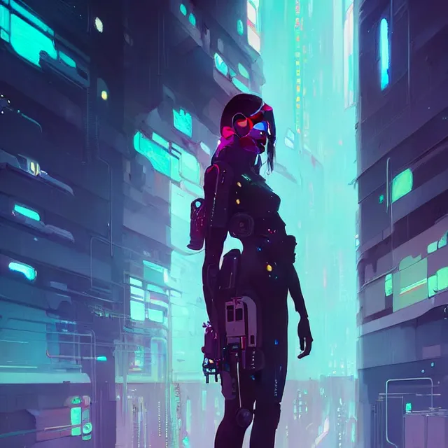 Prompt: a beautiful painting of a cyberpunk girl by pascal blanche and john harris and greg rutkowski and sachin teng and victo ngai. in style of concept art. brush stroke, vibrating colors, hyper detailed. 4 k texture. beautiful features. octane render. trending on artstation