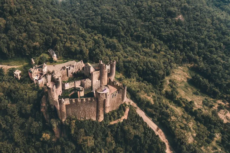 Prompt: medieval castle, aerial view, drone photography, cinematic, mountains