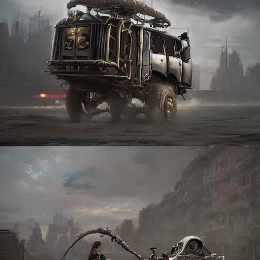 Image similar to a highly detailed epic cinematic concept art CG render digital painting artwork: the back of a steampunk truck in motion. girl in grey hoodie holds onto the back door of the truck. By Greg Rutkowski, Ilya Kuvshinov, WLOP, Stanley Artgerm Lau, Ruan Jia and Fenghua Zhong, trending on ArtStation, made in Maya, Blender and Photoshop, octane render, excellent composition, cinematic atmosphere, dynamic dramatic cinematic lighting, aesthetic, very inspirational, arthouse