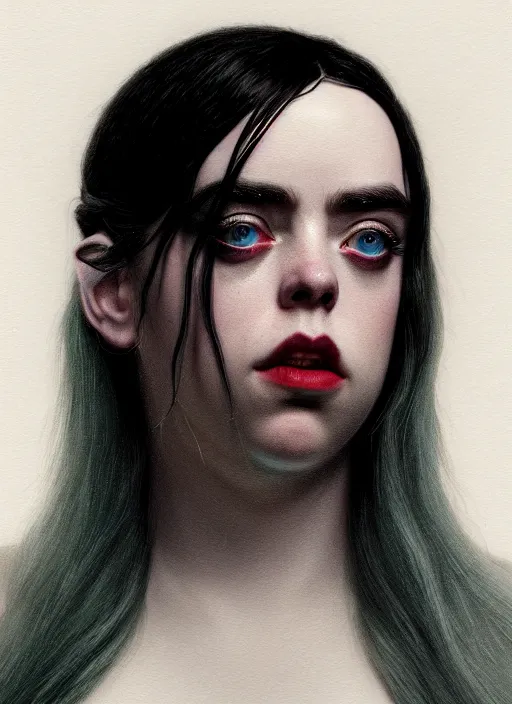 Image similar to met gala Billie Eilish as female loki by, hyper detail, hyper realistic, octane render, noir, gorgeous symmetrical face, elegant, intricate, studio lighting, by Greg rutkowski