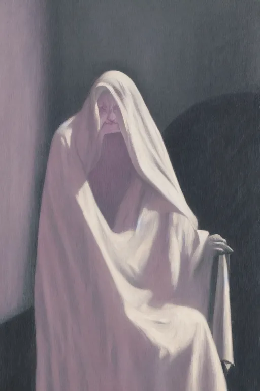 Image similar to woman behind a chair, face covered with veil, fog, early morning, , painted by Edward Hopper and Francis Bacon, painted by Wayne Barlow, airbrush