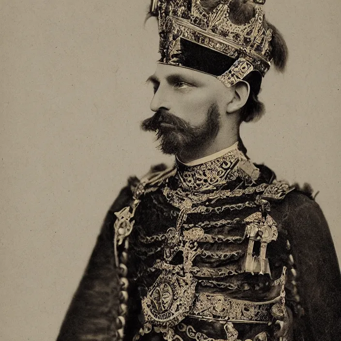 Image similar to portrait of a victorian king in ceremonial outfit, male, crown, detailed face, victorian, highly detailed, cinematic lighting, photograph by elliott & fry