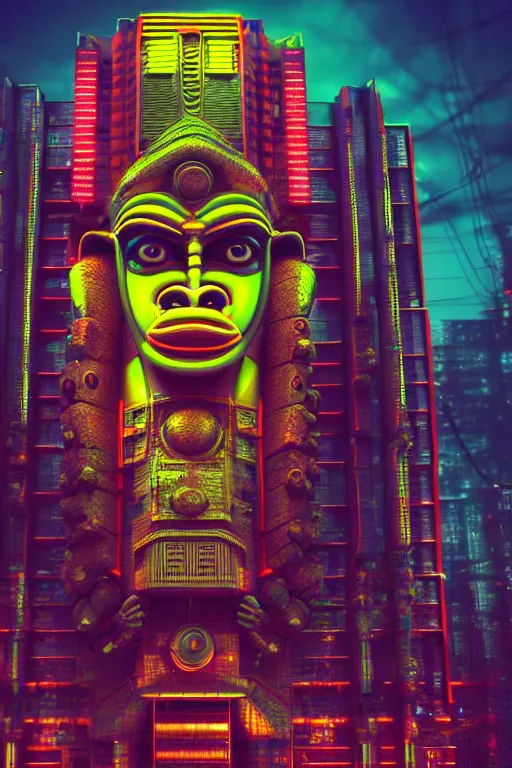 Prompt: high quality 3 d render hyperrealistic cyberpunk brutalist hanuman head building, neon yellow madhubani, highly detailed, in sci - fi mumbai, unreal engine cinematic smooth, liam wong, moody light, low angle, uhd 8 k, sharp focus