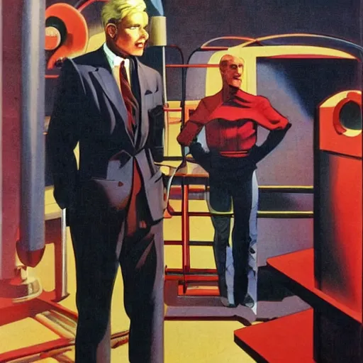 Image similar to man in futurist 6 0 ´ s lab, machines and futurist robots, red lights, part boris vallejo style, part leyendecker black suit