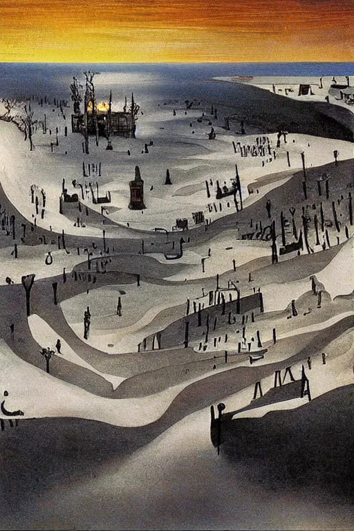 Image similar to A snowy infinite landscape with a candlelit town by Salvador Dali .