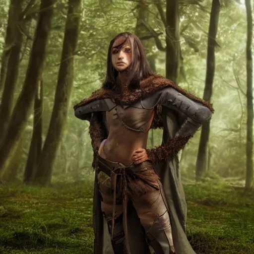 Prompt: anya charlota as a medieval fantasy wood elf, dark brown hair tucked behind ears, wearing a green tunic with a fur lined collar and brown leather armor, stocky, muscular build, scar across nose, one black, scaled arm, cinematic, character art, digital art, forest background, realistic. 4 k