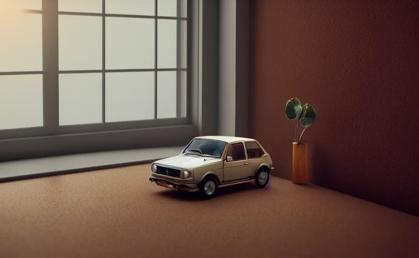 Image similar to a miniature of a Peugeot 309 Vital on a bookshelf near a window at sunset, DOF, octane render, unreal engine 5, godrays, complementary colors, calm, symmetrical, highly detailed, high quality, 4k, beautiful, hyperrealistic